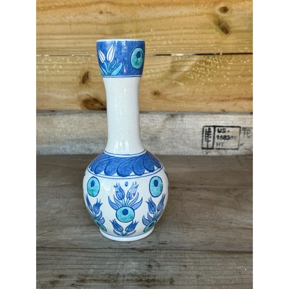 Vintage Hand Made Hand Painted Small‎ Turkish Porcelain Vase Blue Floral